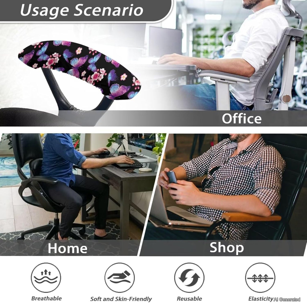Office Chair Armrest Slipcovers Covers 2Pcs/Set Butterfly Cherry Blossom Print Soft Stretchy Computer Chair Arm Rest Cover Universal Fits Rotating Desk Gaming Chairs, Home Decor - Image 6
