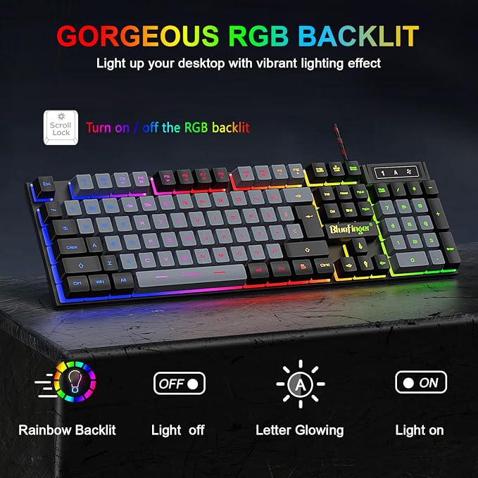 BlueFinger RGB Gaming Keyboard and Backlit Mouse Combo, USB Wired, LED Gaming Set for Laptop PC Computer Game and Work(Black & Gray) - Image 2