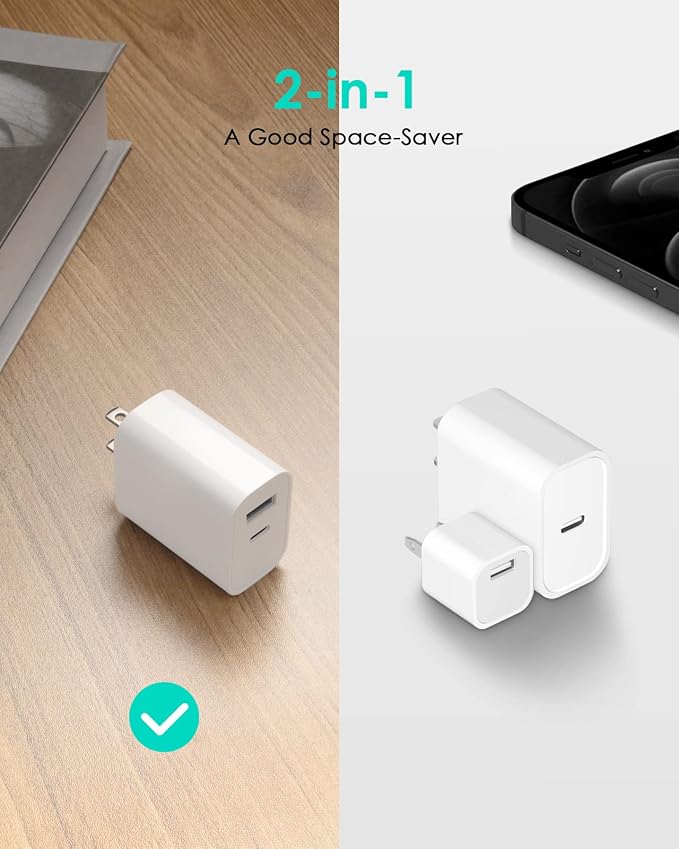 [4 Pack] 20W USB C Charger Block Fast Charging Multiport Adapter | PD 20W USB-C & QC 3.0 USB-A dual ports, compact travel charger for iPhone 17/16/15/14/13/12/11/X, iPad, Galaxy, Google & more - Image 4