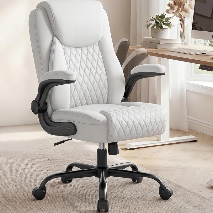 COMHOMA Mid-Back Office Chair, Ergonomic PU Desk Chair with Flip up Arms, Small Computer Gaming with Comfy Lumbar Support,Rocking Function,Sturdy Metal Base, White by ComHoma