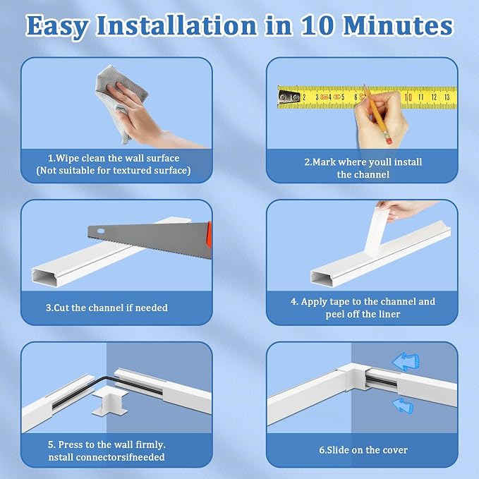 125" Paintable Cable Raceway, Cord Cover for Wall Cables, White | 125-inch paintable cable raceway conceals multiple wall cords with adhesive and hardware for easy installation. - Image 8