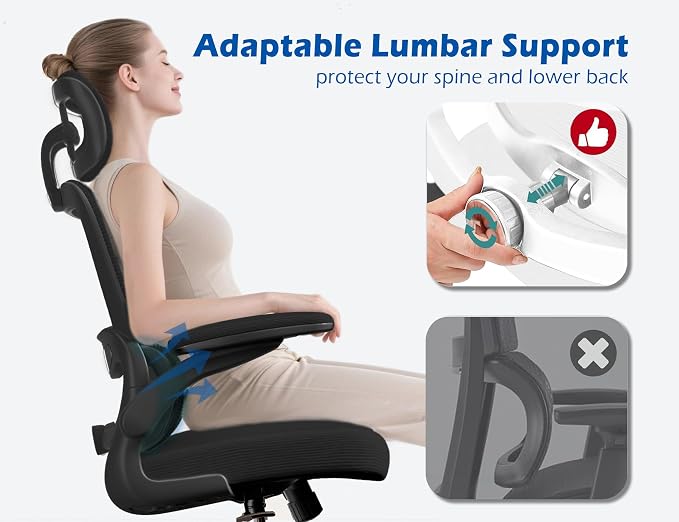 TRALT Ergonomic Office Chair Desk Chair with Adjustable Lumbar Support | Home Office Desk Chairs with Flip-up Armrests & 3D Headrest - Mesh Gaming Chairs for Adults, 330lbs, PU Leather (Black, 1) - Image 3