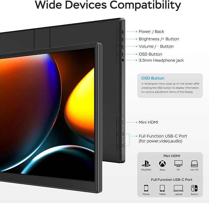 WGK 14 inch Portable Monitor 1200P FHD+ 100% sRGB Travel Display HDMI/USB-C Compatible with Laptops, Desktops, Phones, PS, Mac, Xbox, Switch, and Other Gaming Devices Includes Stand and Speakers VESA - Image 6