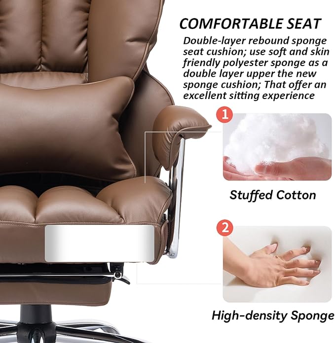 Efomao Big and Tall Office Chair 400lbs – PU Leather Executive Office Chair with Lumbar Support & Leg Rest, Heavy-Duty Computer Chair for Home Office, Brown | 400lbs support, 135° recline, dual-layer foam cushion, 23.5" seat & footrest. BIFMA - Image 5