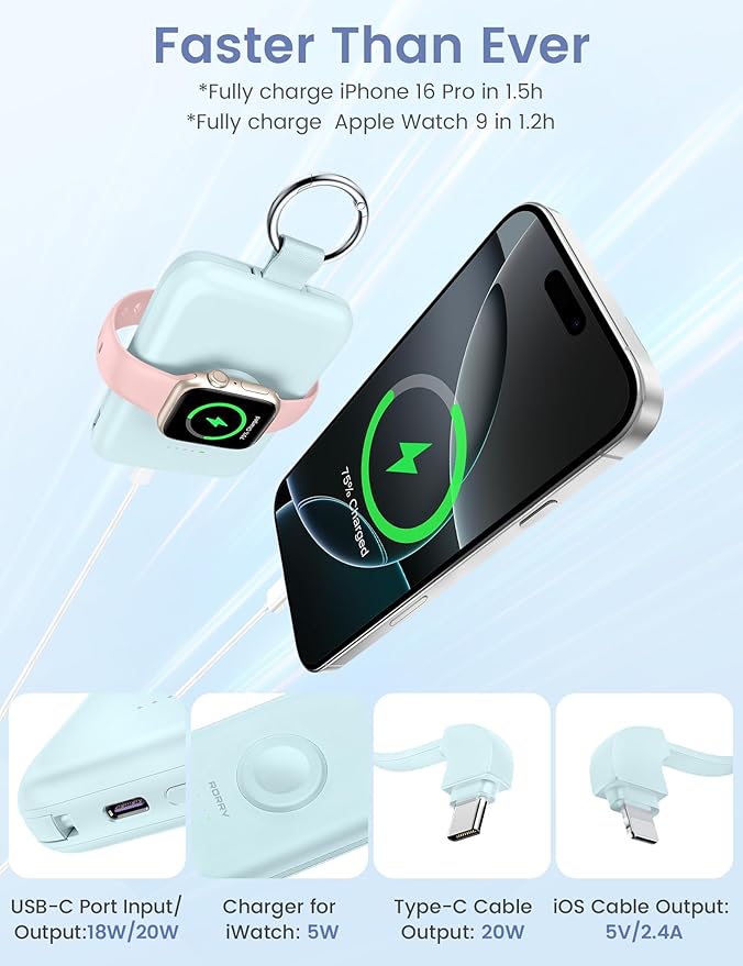 RORRY CharmGo Portable Charger, 10000mAh 20W Fast Charging Power Bank | Built-in Cables, Travel Keychain Battery Pack Essentions for Apple Watch 1~11 Series/Ultra/SE & iPhone Air/17/16/15/14/13/12 - Image 3