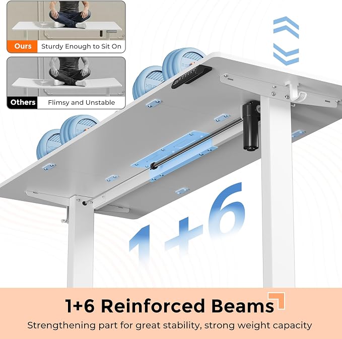 59"×24" Large Electric Standing Desk, Sit Stand Desk, White | 3 Memory Preset Height Adjustable Desk with 2 Hooks for Home Office & Gaming, Heavy Duty Computer Desk with Spliced Tabletop - Image 4