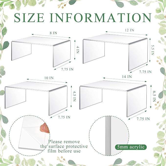 RattanView 4 Pcs 14, 12, 10, 8 Inch Extra Large Acrylic Display Risers Clear Acrylic Shelf Riser Display Stands 5 mm Thick Rectangular for Collectibles Figures - Image 2