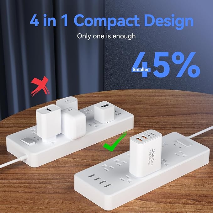 USB C Wall Fast Charger Block, 40W 4-Port Type C Charger Fast Charging Blocks PD Power Charger Adapter+QC 3.0 USB Multiport Charger Brick for iPhone 17/16/15/14/13/12 Pro Max, iPad, Galaxy S25-2Pack - Image 6