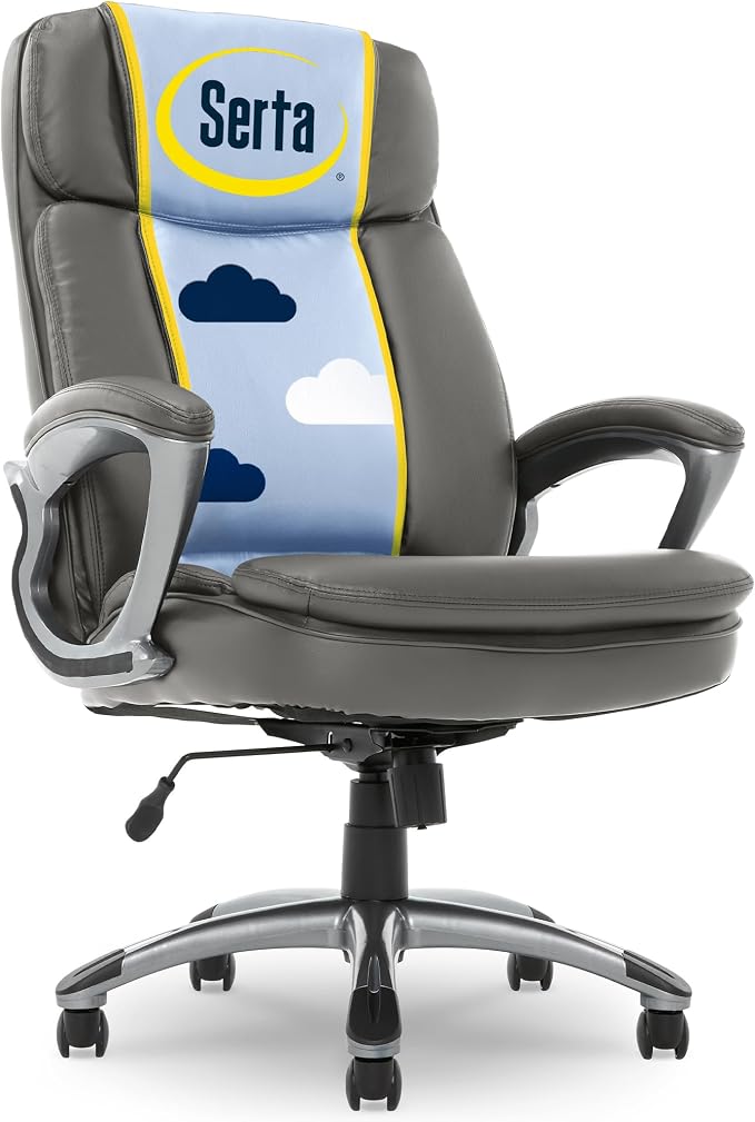Serta Ergonomic Big and Tall Executive Office Chair Lumbar Support, Leather | Fairbanks, Gaming Chair with Headrest, 350lb Capacity, Padded Arms, Semi-Plush Seat Cushion, Adjustable Height and Tilt, Gray by Serta