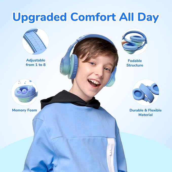 EarFun K4 Kids Bluetooth Headphones, Wireless Headphones with Lights Green | 74/85/94dBA Volume Limited, Built-in Mic, 90H Playtime, Bluetooth 5.4 Over Ear Headphone for iPad/Tablet/PC/School, Green - Image 5