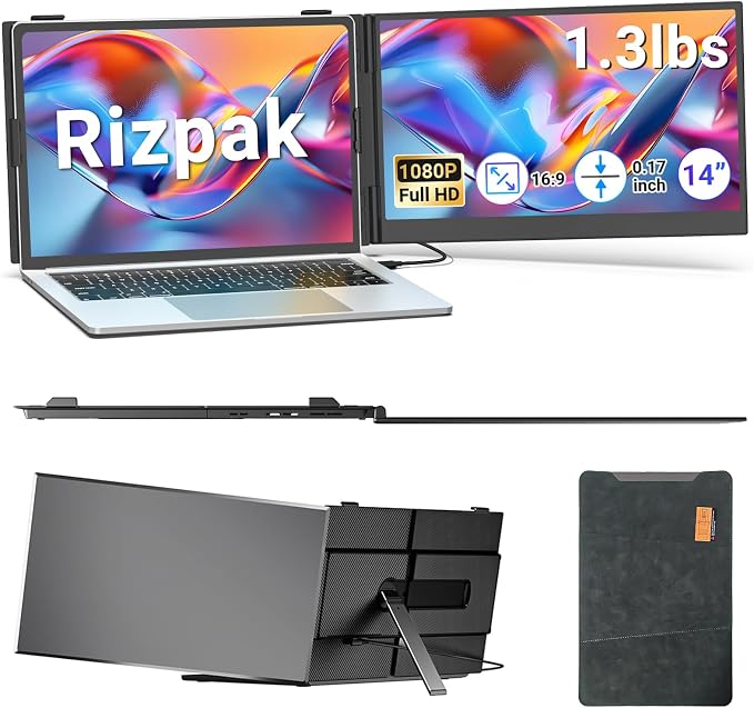 14" FHD 1080P Laptop Screen Extender, Portable Monitor for Laptop | 1.3lbs Ultra-Light Dual Monitor, USB-C Plug & Play, Travel Monitor Extender, For 13"-17" Windows/Mac/Android/Chrome by Unknown