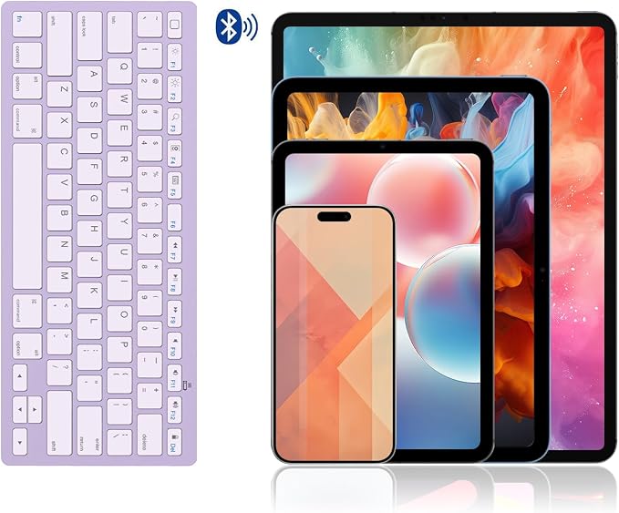 OMOTON Ultra-Slim Bluetooth Keyboard for iPad,iPad Pro/Air/Mini,iPhone | Stable Wireless iOS Keyboard with 12 Multimedia Keys, Portable Size for Office, Business, Travel, School, Purple - Image 7