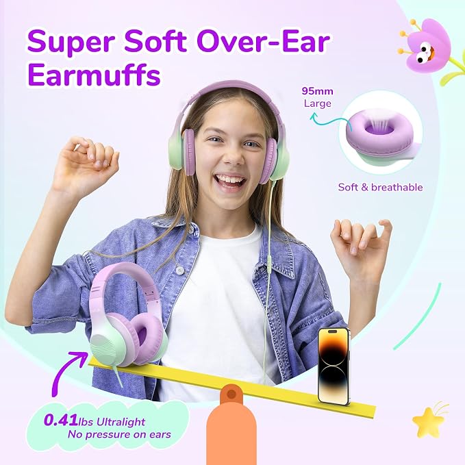 EarFun K3 Kids Headphones, Wired Kids Headphones with Mic for School/Travel | Built-in Mic, 85/94dB Volume Limit, HD Stereo Sound, 3.5mm Jack, Foldable Wired Headphones for Boys/Girls/Tablet/iPad, Purple - Image 5