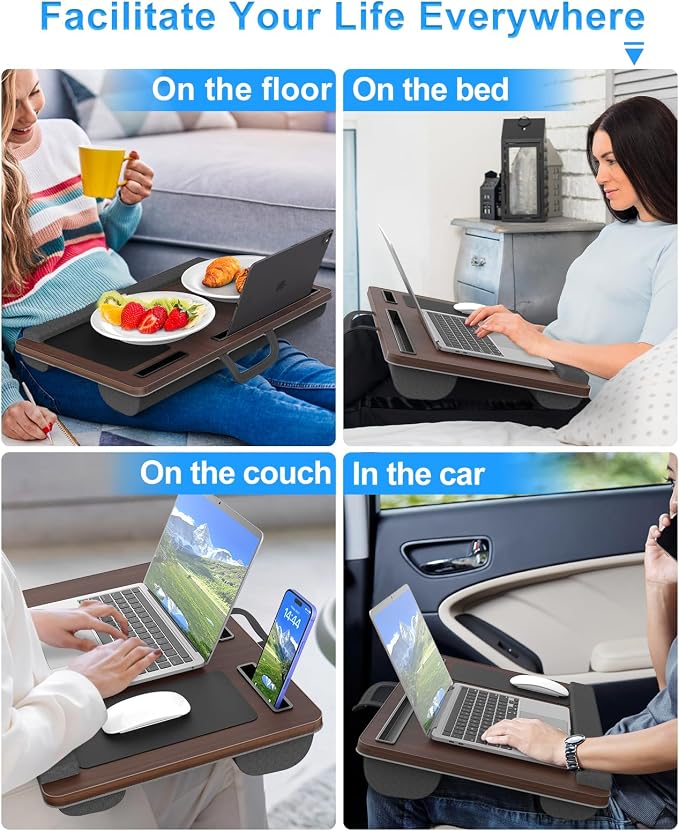 HETTHI Laptop Lap Desk, Portable Large Laptop Desk for Bed, Up to 17 in Lap Table with Wrist Rest, Mouse Pad, Tablet Phone Slot, Portable Handle, Lap Tray with Cushion (Dark Brown) - Image 6