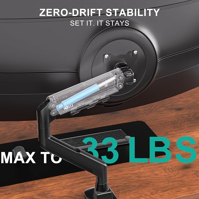 WALI Ultrawide Single Monitor Arm for 17-49 inch Curved Screen, up to 33lbs | Heavy Duty Monitor Desk Mount, Full Motion with Tilt, Swivel, Rotation, C-Clamp/Grommet Base, VESA 75/100mm (GSM001XLN),Black - Image 4