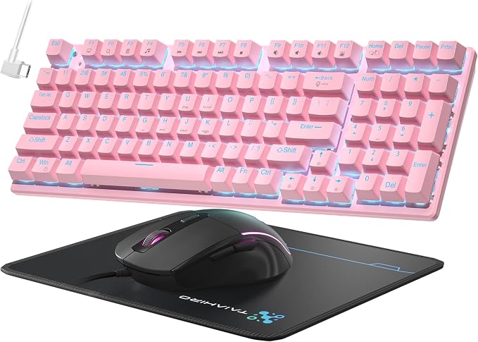 Mechanical Gaming Keyboard and Mouse, LED Backlit 98-Key Floating Keycap & 4 DPI RGB Gaming Mouse with Mouse Pad, Full Anti-Ghost Light Up Wired Computer Keyboards for MAC PC Gamer Accessories, Pink by Taiahiro