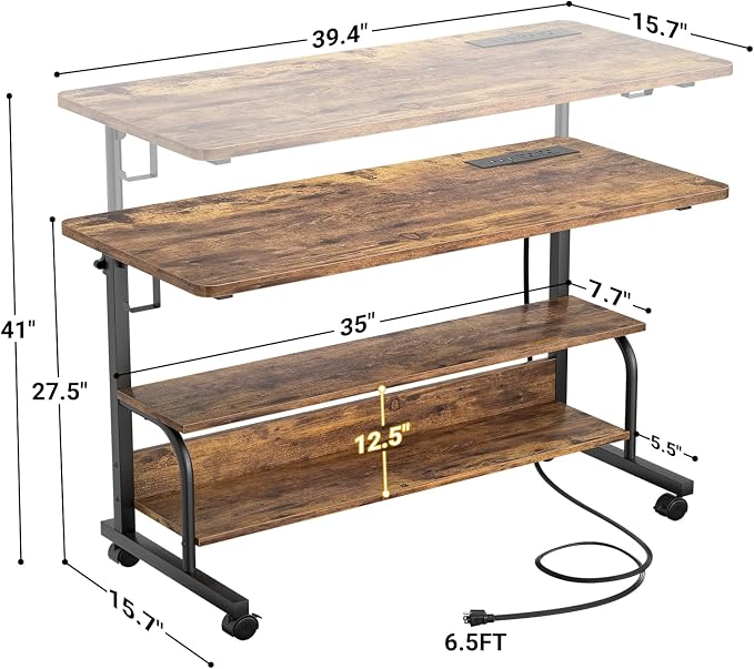 Besiost 39" Height Adjustable Standing Desk with Power Outlets - Manual Rolling Stand Up Desk with Wheels Small Portable Computer Desk Mobile Laptop Table with Storage Shelves for Home Office, Rustic - Image 3