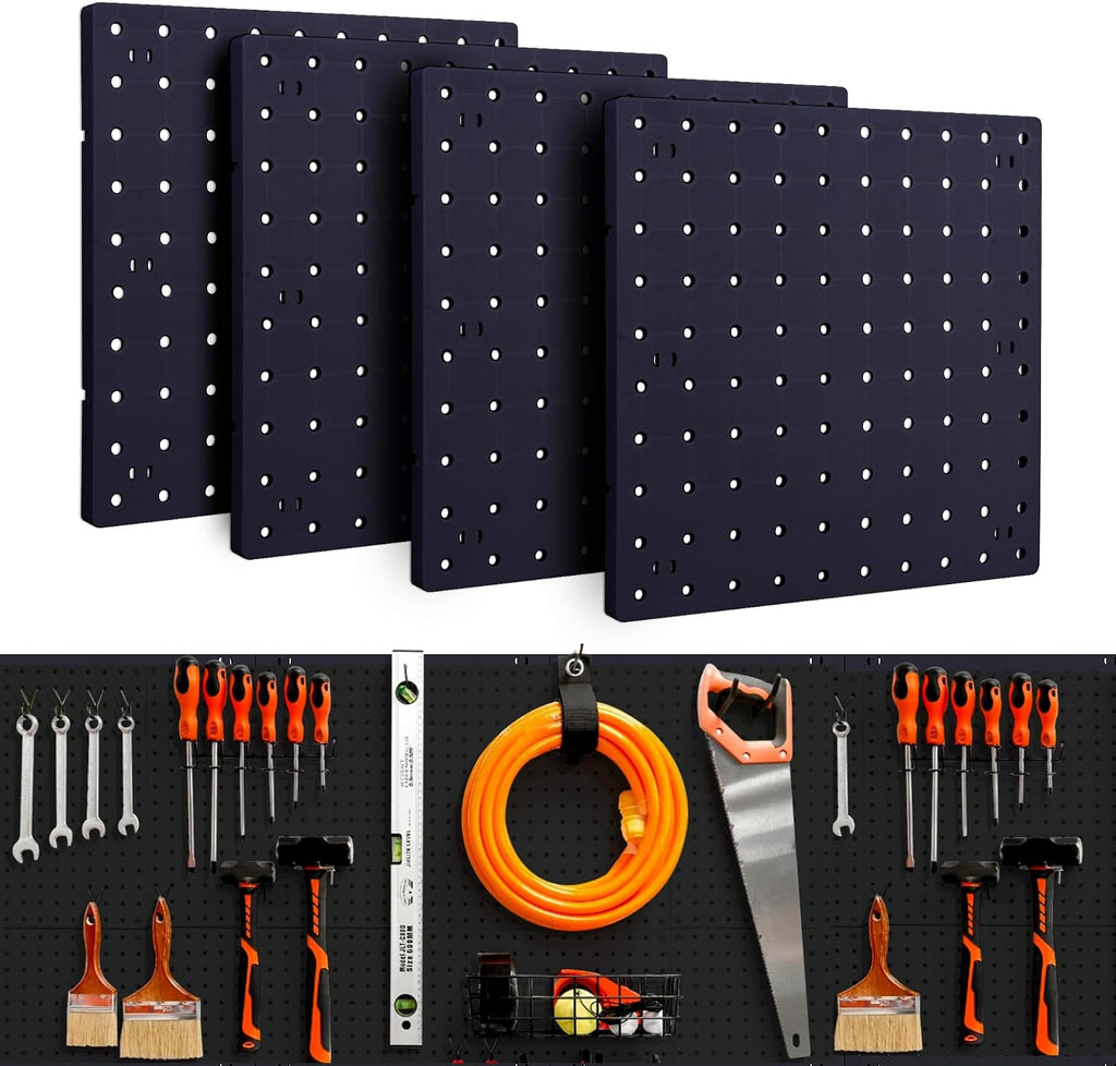 4Pcs Peg Board, Black Pegboard Wall Organizer Panels Wall Mount, ABS Pegboard for Craft Room Garage Kitchen Workshop, ABS Peg Boards Easy Installation by LANSI