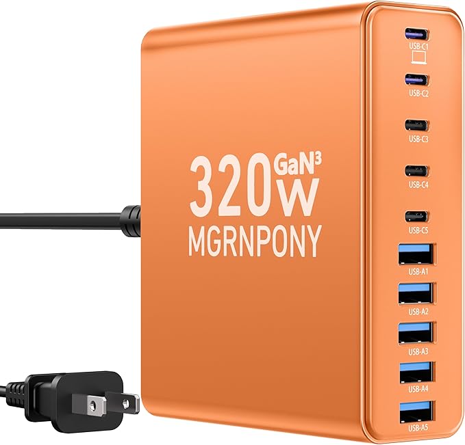 320W USB C Charger Block, MGRNPONY 10-Port GaN USB C Charging Station | PD 65W Laptop Fast Charger Adapter for MacBook Pro/Air, DELL, iPad, iPhone, Samsung Galaxy（Orange） by MGRNPONY