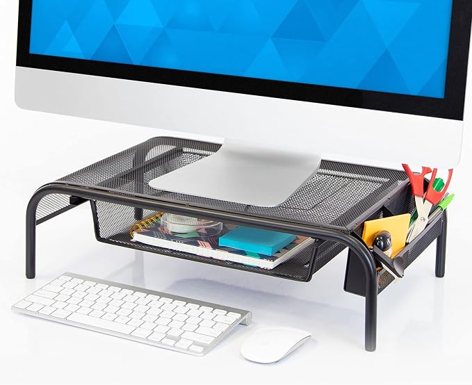 Mount-It! Metal Mesh Monitor Stand with Drawer, Ergonomic Desk Organizer and Riser for Monitors and Laptops, Desktop Stand with Extra Storage and Side Pocket, Black - Image 2