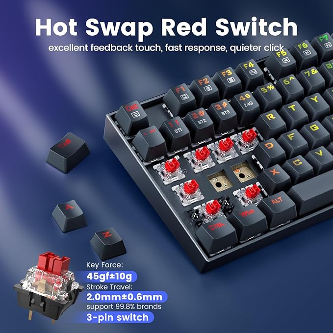 Redragon Wireless Gaming Keyboard, BT/2.4Ghz Tri-Mode Mechanical Keyboard, buit-in Battery, Programmable 87 Keys TKL, LED Rainbow Backlit - K552-KRS - Image 4