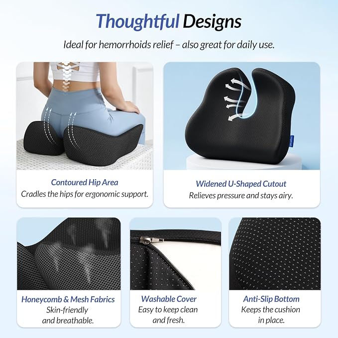 6" Thickened Donut Pillow Seat Cushion, Ergonomic Hemorrhoid Pillow with Widened Cutout for Tailbone,Sciatica Pain Relief & Postpartum, Memory Foam Office Chair Cushion for Long Sitting at Home - Image 7