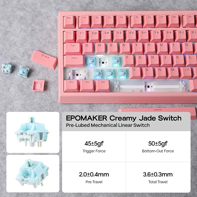 EPOMAKER G84 80% RGB Gaming Mechanical Keyboard with Shine Through Keycaps | 2.4GHz/ Type-C/BT Wireless Keyboard, VIA Programmable, Hot-Swap, Creamy Keyboard for Gamers/Office (Pink, Creamy Jade Switch) - Image 7