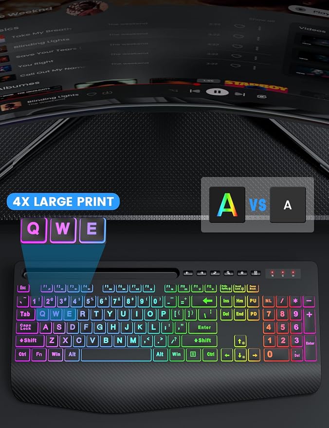 Wireless Keyboard and Mouse Combo, 9 Backlit Effects, Large Print | Phone Holder, 2.4G Lag-Free Ergonomic Keyboards, KM22 MAX Rechargeable Easy to See Set for Computer, Laptop, PC - Image 2
