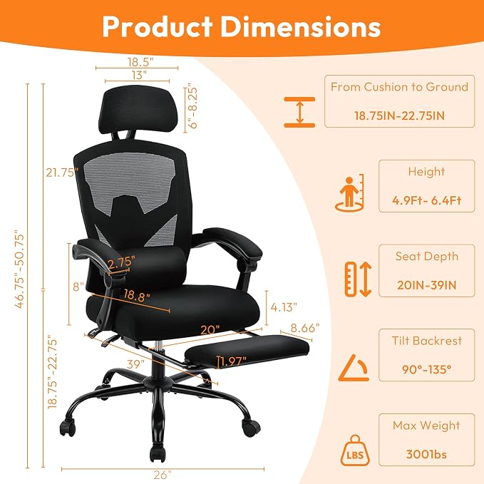 Desk Chair with Foot Rest, High-Back Mesh Office Chair with Wheels, Black | Reclining Gaming Chair with Headrest and Adjustable Lumbar Support, 90°-130° Reclining, for Home Office and Gaming - Image 2