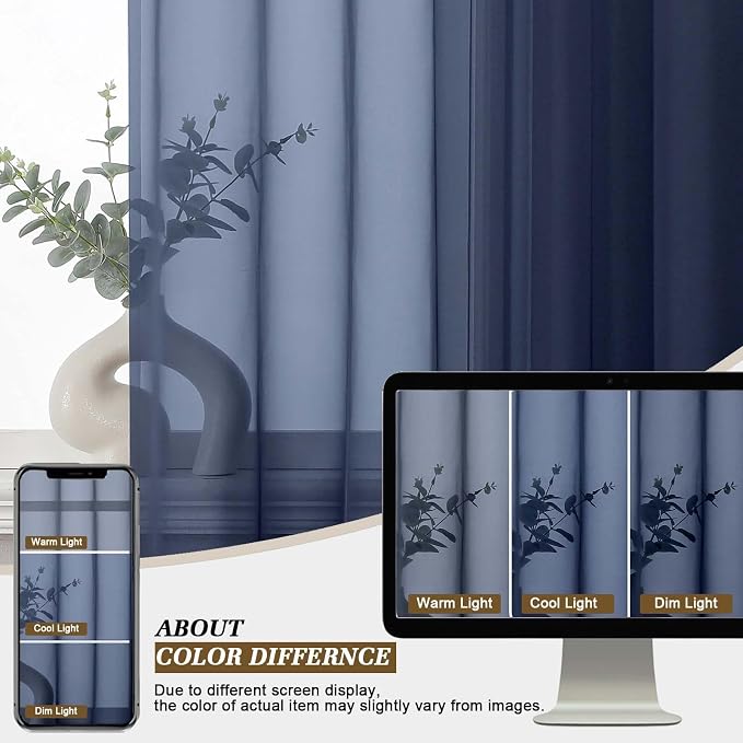 Navy Blue Sheer Curtains 84 inches Long for Living Room 2 Panels Set | Sheer White Curtains for Bedroom, Rod Pocket Airy Light Filtering Window Treatments, 2pcs, Each Panel 42" Width x 84" Long - Image 7