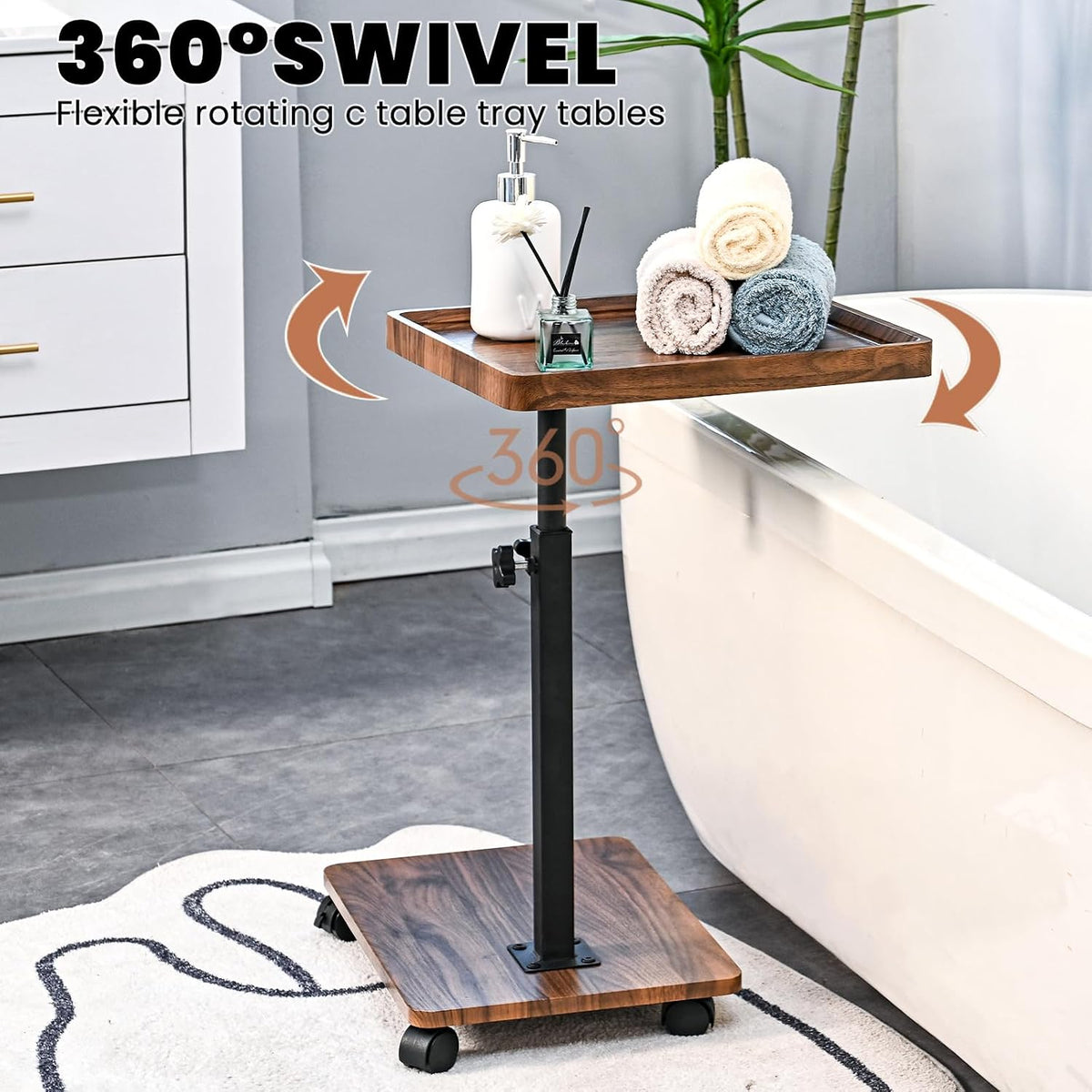 C Table End Table Adjustable Height,C Shaped End for Couch，Snack Tables,360°Swivel TV Tray Sofa Table,Tables that Slide Under,Coffee SideTable for Bed,Chair,Bath-tub,Outdoor(Walnut Color) - Image 8