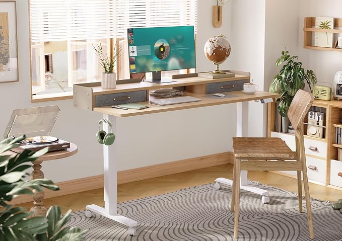 Claiks Standing Desk with Drawers & Wheels, 2 Height Shelf 59" Ntural | 2 height adjust shelf, tabletop drawers, felt fence design, sturdy supports 176 lbs, 4 wheels, 2 tire monitor stand - Image 2