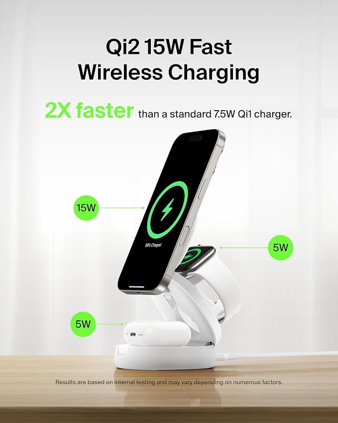 Belkin Qi2 15W Wireless Fast Charging Station, 3 in 1 iPhone Charger | Fast Charging, MagSafe Compatible, iPhone 17/16/15, Apple Watch, AirPods, Travel Charger, Magnetic - Image 3