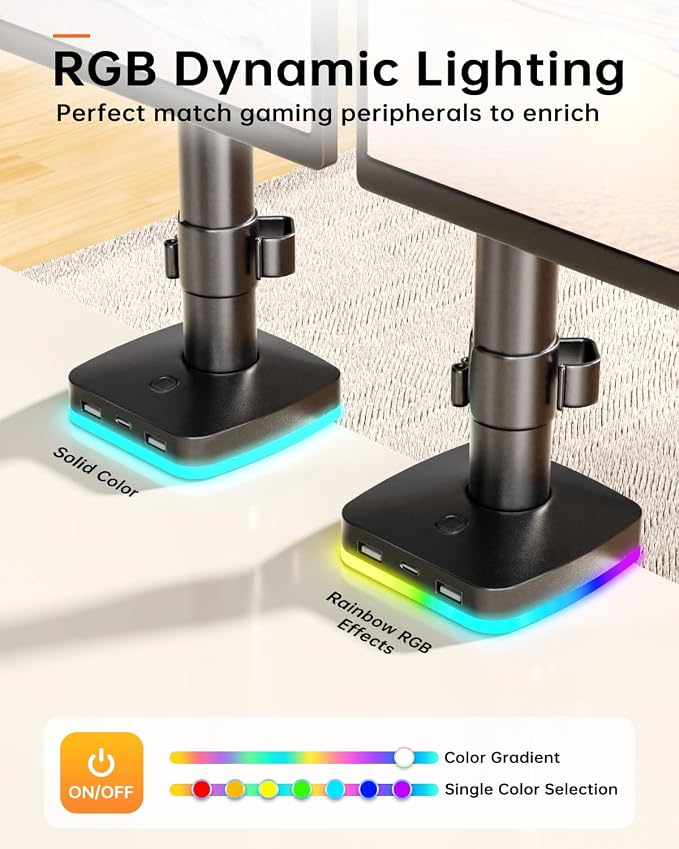 Afaloona RGB Monitor Arm with USB Hub for 13-27" Monitor, up to 17.6 lbs | Monitor mount with 1 USB-C and 2 USB-A ports supports charging and data transfer for office setups, gaming and workstations - Image 4