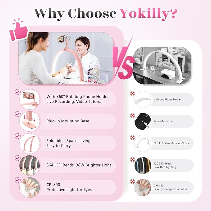 Yokilly Half Moon Light for Nail Desk: 29" Foldable Nail Light for Desk | Arch Nail Tech Light with Phone Holder for Beginner - 3 Color Modes & 10 Brightness for Manicure Salon-Pink - Image 2
