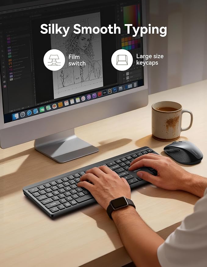 TECKNET Bluetooth Keyboard Rechargeable, 2.4G Wireless Keyboard Full Size | Quiet Typing, Ergonomic Cordless Silent Computer Keyboard, Spill-Resistant,, Stable Connection for PC/Laptop/Computer - Image 7