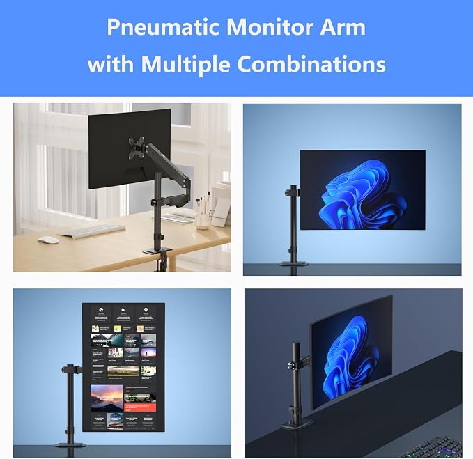suptek Single Monitor Arm for Desk Mount Stand,Adjustable Monitor Arm for 17 to 32 inch Screen, Support Weight up to 22lbs, Mounting Holes 75x75mm to 100x100mm,Pneumatic Pole Mount Arm Black - Image 8