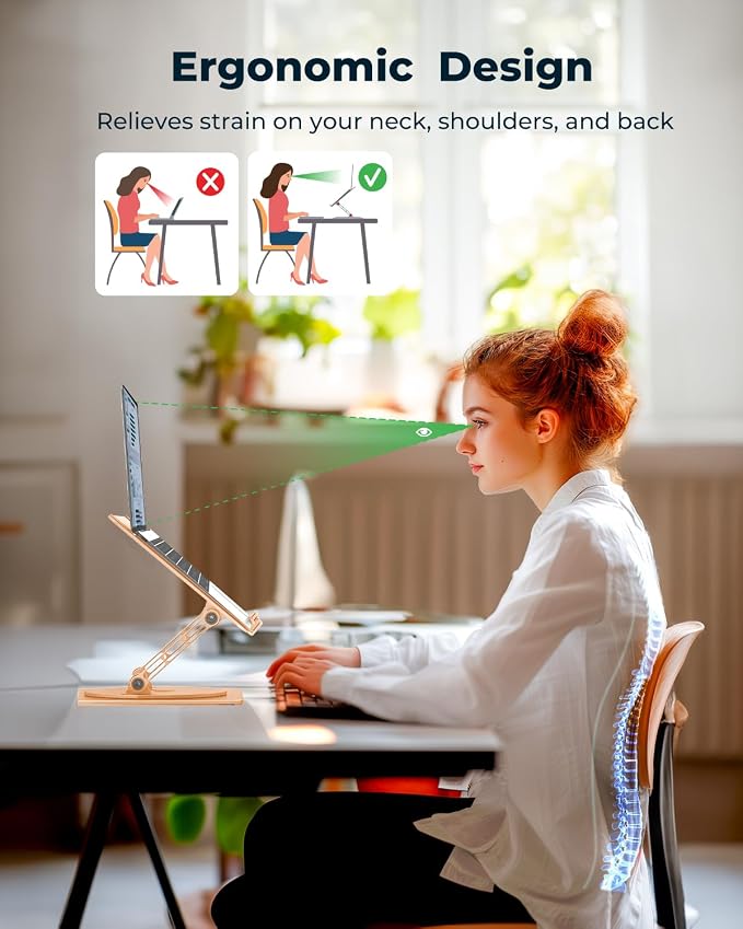 Aoviho 360° Rotating Laptop Stand for Desk | Adjustable, Foldable, Portable Aluminum Ergonomic Riser | Compatible with MacBook, Dell, HP & All Laptops 10-16 inch | Gold - Image 3