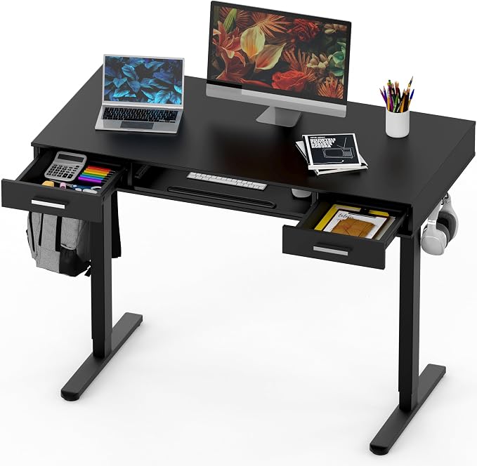 SHW 48-Inch Electric Height Adjustable Desk w/Keyboard Tray, Black | w/ 2 Drawers | Memory Presets and Cable Management | Hanging Hooks - Image 8