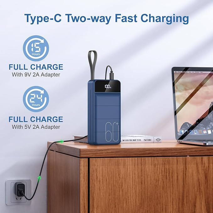 Portable Charger Power Bank 60000mAh Fast Charging 22.5W PD4.0 & QC 4.0 with USB C Battery Pack Charger Portable High Capacity Portable Phone Charger Power Bank for iPhone, Samsung, Travel (Blue) | USB C 22.5W Fast Charging, PD4.0 & QC 4.0, High Capaci... - Image 3