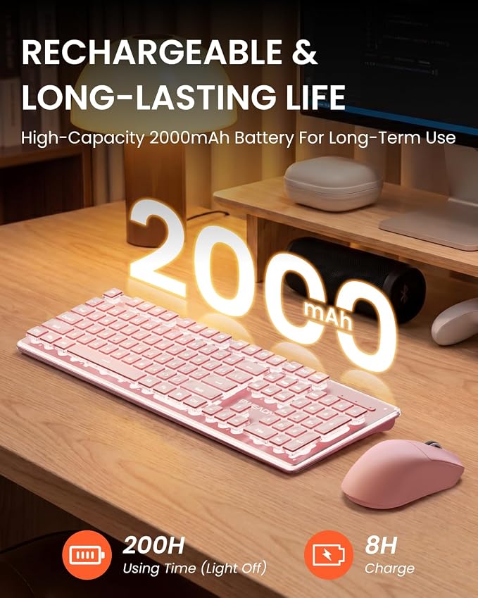 Wireless Keyboard and Mouse Combo with White Backlit Pudding Keycaps, Bluetooth & 2.4G, 2000mAh Rechargeable, Full Size, Metal Panel Quiet Computer Keyboard Set for Windows PC Desktop - Pink - Image 5