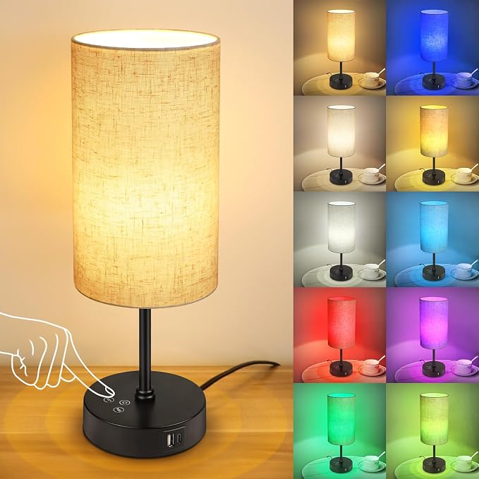 Table Lamp, 3 CCT 3000K/4500K/6500K & RGB Color Changing, Stepless Dimmable Small Bedside Lamp for Reading, Ambience Nightstand Light for Home Decor Party, Beige Shade by Unicozin