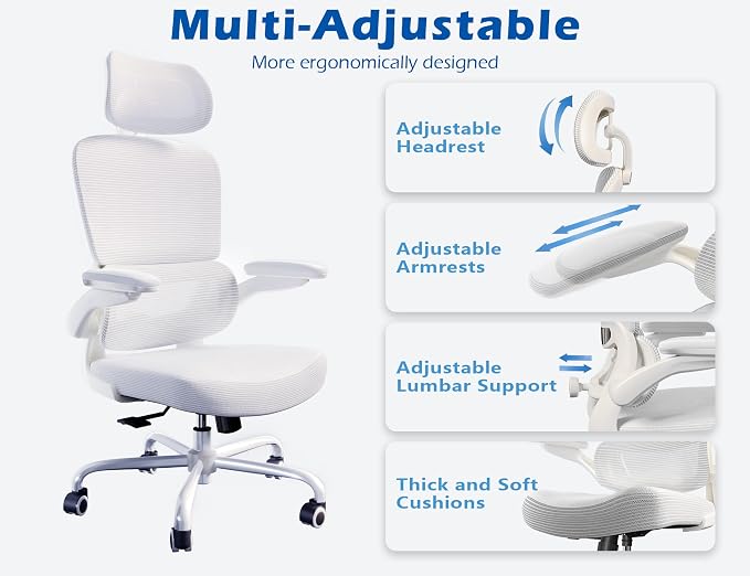TRALT Ergonomic Office Chair Desk Chair with Adjustable Lumbar Support | Home Office Desk Chairs with Flip-up Armrests & 3D Headrest - Mesh Gaming Chairs for Adults, 330lbs, PU Leather (White, 1) - Image 4