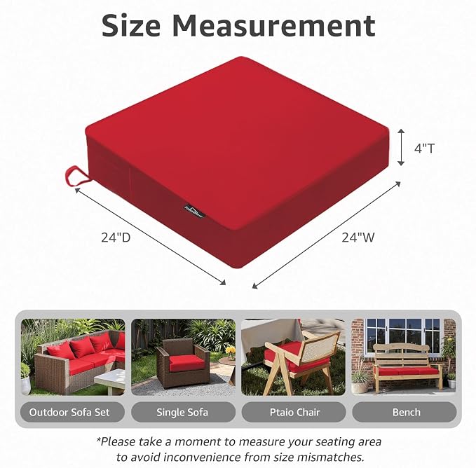 PatioGlow Outdoor Chair Cushions 24 x 24 x 4 Inch, Waterproof & Fade Resistant Patio Seat Cushion for Furniture with Handle and Ties, Thick Seating Pads for Outside Sofa Couch Set of 2, Red - Image 2