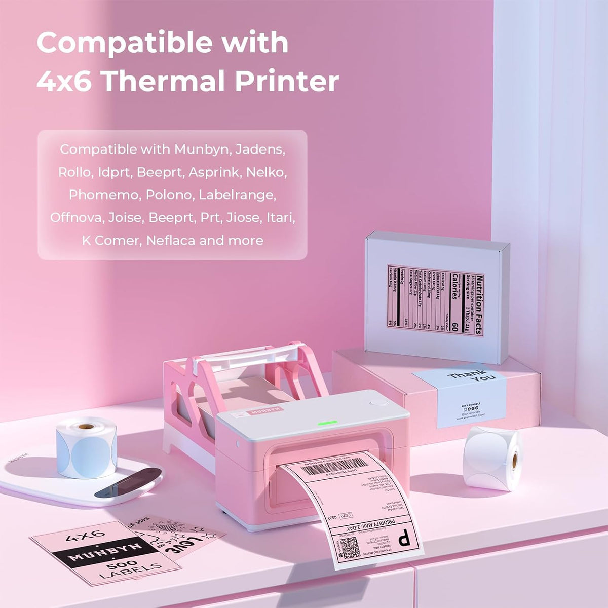 MUNBYN 4x6 Inch Pink Thermal Printer Labels for Packages, 500 Sheets/Stack - Image 2