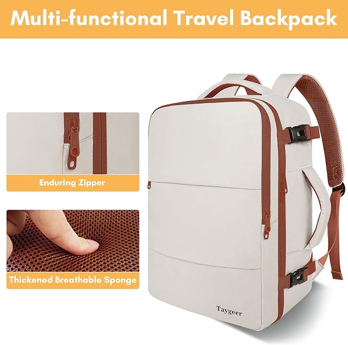 Taygeer Backpack for Women, College Backpack with Laptop Compartment 40l | Travel Laptop Mochila Carry On Luggage with Shoe Pouch, Airline Approved Personal Item Bag for Weekender Hiking, Khaki White - Image 8