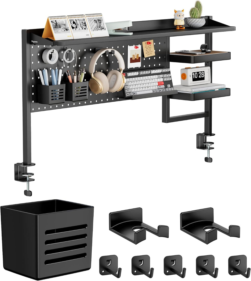 44" Clamp on Desk Shelf, Desktop Shelving System, Bundle with 8 Pieces Accessories, Black by PEGZONE