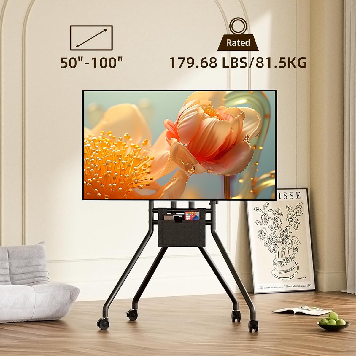 Rolling TV Cart, Mobile Floor TV Stand for 50-100 Inch Screens, Portable TV Trolley Bracket for Home Office School Business, Holds 180Lbs, Max VESA 900x600mm, Black YS623B - Image 3