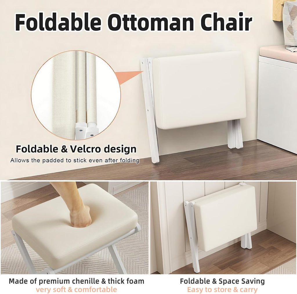 Foldable Foot Stool Ottoman, Modern Foot Rest with Bamboo X Legs & Thick Foam Cushion, Folding Foot Stools Small Padded for Bedroom Living Room, Footstool for Chair Couch (White - White) - Image 4