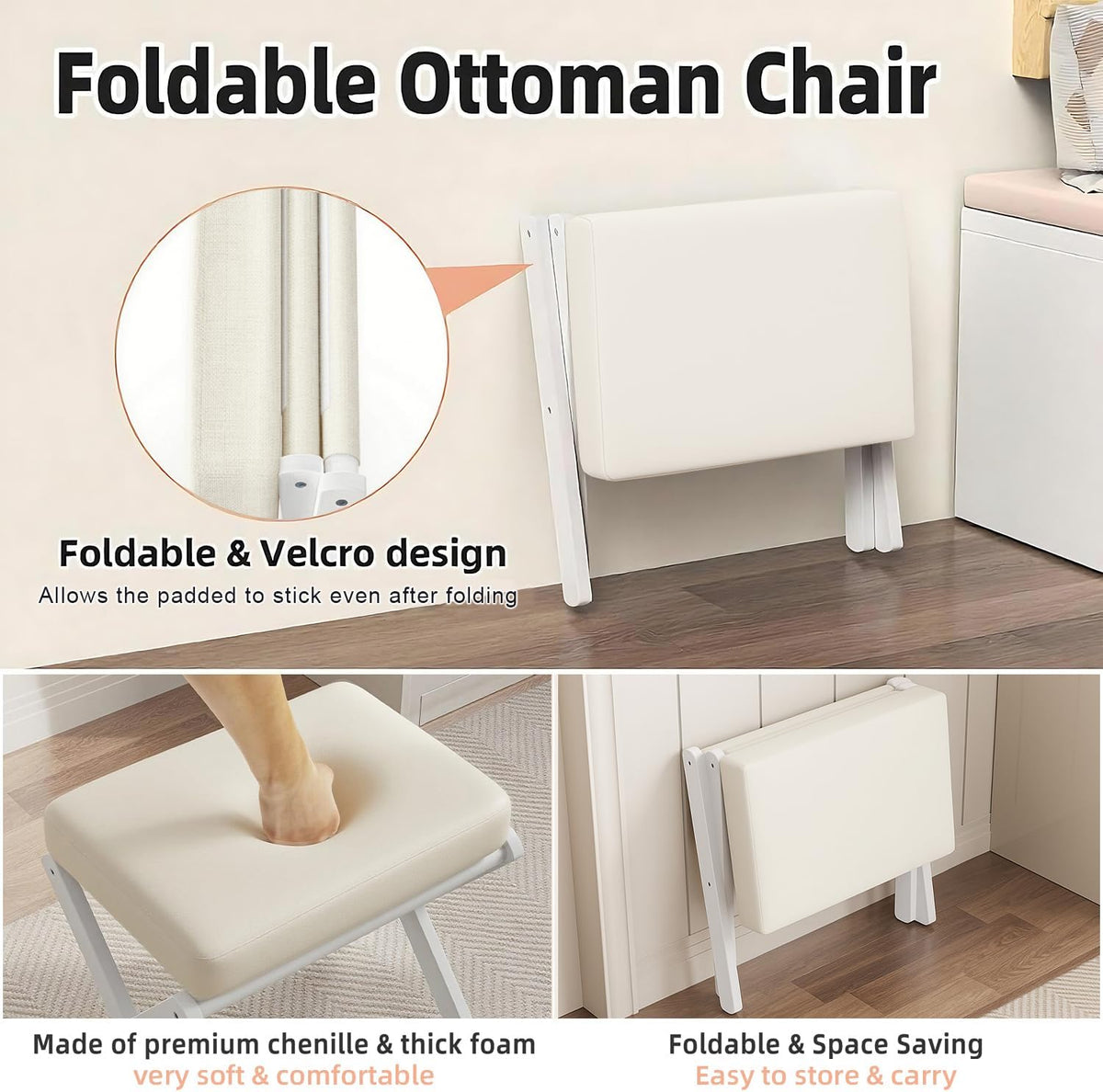 Foldable Foot Stool Ottoman, Modern Foot Rest with Bamboo X Legs & Thick Foam Cushion, Folding Foot Stools Small Padded for Bedroom Living Room, Footstool for Chair Couch (White - White) - Image 4